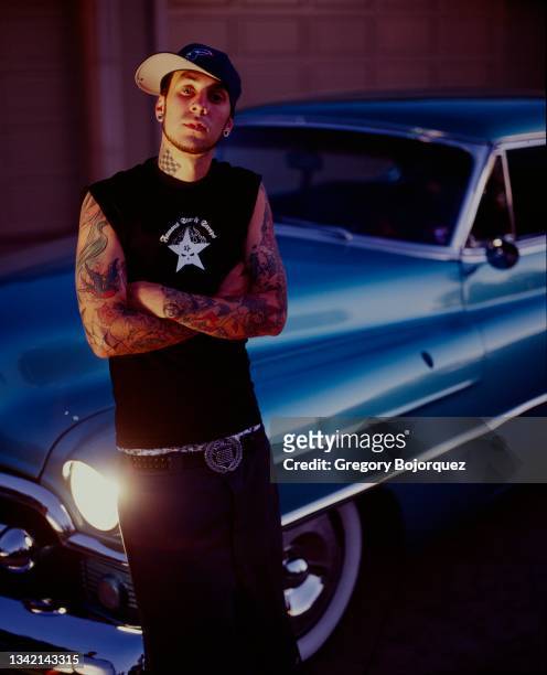 American musician, Travis Barker of Blink-182, at his home in July, 2001 in Riverside, California.