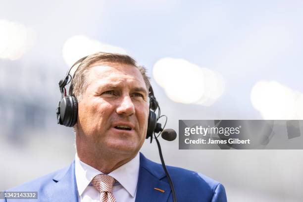 Head coach Dan Mullen of the Florida Gators speaks to the Media before the start of a game against the Alabama Crimson Tide at Ben Hill Griffin...