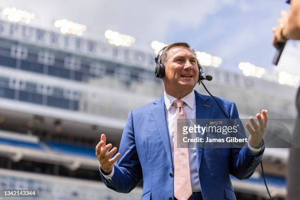 Head coach Dan Mullen of the Florida Gators speaks to the Media before the start of a game against the Alabama Crimson Tide at Ben Hill Griffin...