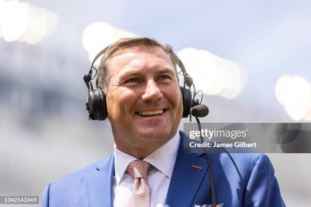 Head coach Dan Mullen of the Florida Gators speaks to the Media before the start of a game against the Alabama Crimson Tide at Ben Hill Griffin...