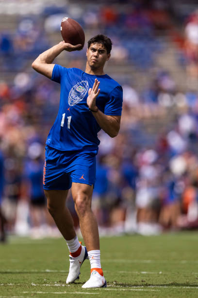 Jalen Kitna of the Florida Gators warms up before the start of a game against the Alabama Crimson Tide at Ben Hill Griffin Stadium on September 18,...