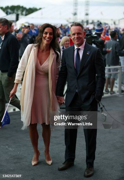 Vice-captain Luke Donald of England and team Europe and wife Diane Antonopoulos attend the opening ceremony for the 43rd Ryder Cup at Whistling...