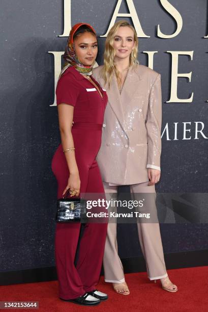 Joy Crookes and Jodie Comer attend the "The Last Duel" UK Premiere at Odeon Luxe Leicester Square on September 23, 2021 in London, England.