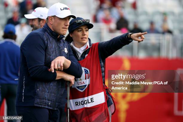 Hawk speaks with a caddie during the celebrity matches ahead of the 43rd Ryder Cup at Whistling Straits on September 23, 2021 in Kohler, Wisconsin.