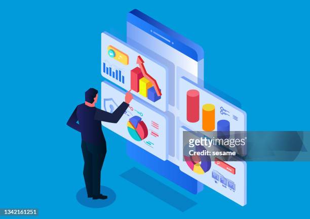 businessman analyze page data on smartphone - big data isometric stock illustrations