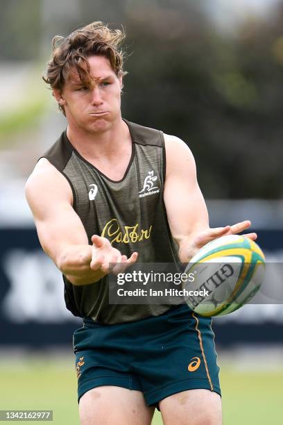 Michael Hooper passes during the Australian Wallabies captain's run at North Queensland Cowboys on September 24, 2021 in Townsville, Australia.