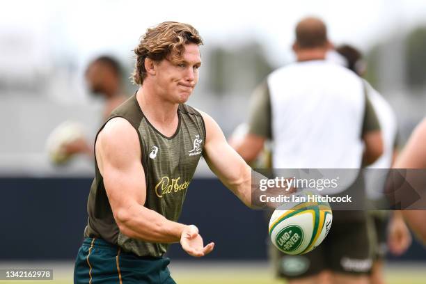 Michael Hooper passes during the Australian Wallabies captain's run at North Queensland Cowboys on September 24, 2021 in Townsville, Australia.