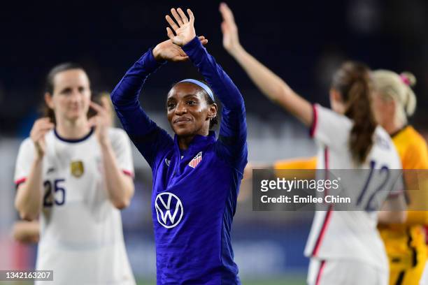 Crystal Dunn of the United States waves to fans after a Women's International Friendly between the United States and Paraguay at TQL Stadium on...