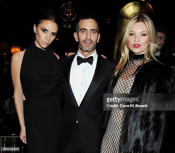 Designer Victoria Beckham, Marc Jacobs and model Kate Moss attend a drinks reception at the British Fashion Awards 2011 held at The Savoy Hotel on...
