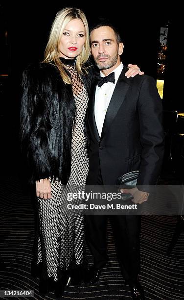 Model Kate Moss and designer Marc Jacobs attend a drinks reception at the British Fashion Awards 2011 held at The Savoy Hotel on November 28, 2011 in...