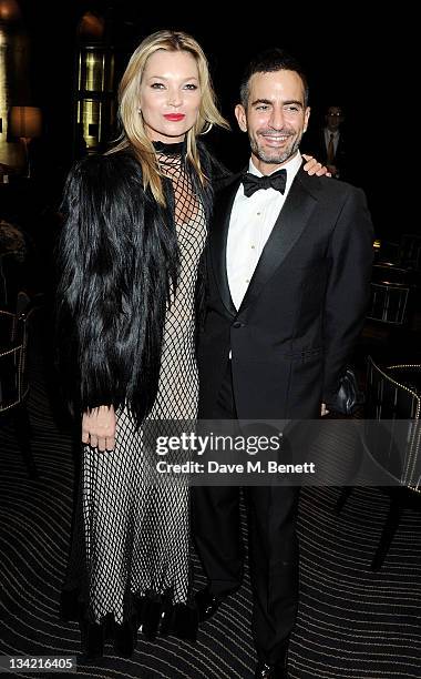 Model Kate Moss and designer Marc Jacobs attend a drinks reception at the British Fashion Awards 2011 held at The Savoy Hotel on November 28, 2011 in...