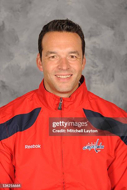 Goalie coach Olie Kolzig of the Washington Capitals poses for his official headshot for the 2011-2012 NHL season on September 16, 2011 at the Kettler...