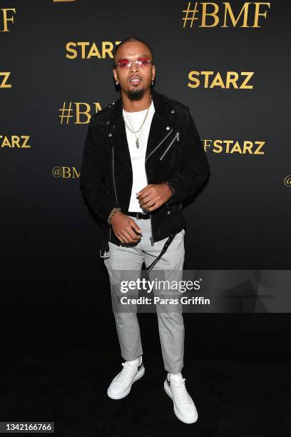 Actor Myles Bullock attends the BMF world premiere screening and concert at Cellairis Amphitheatre at Lakewood on September 23, 2021 in Atlanta,...