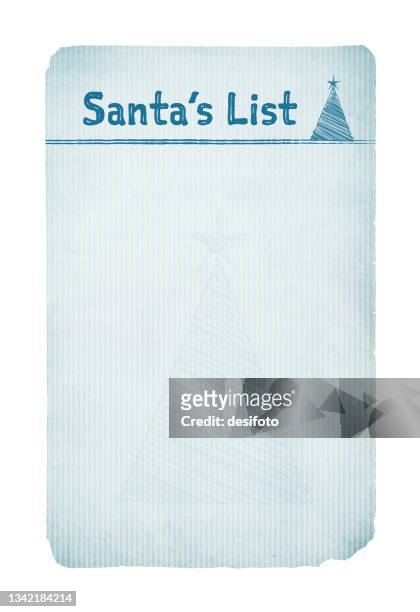 vertical vector white coloured backgrounds with a green tint paper with heading text santa's list and a christmas tree with a star - wish list stock illustrations
