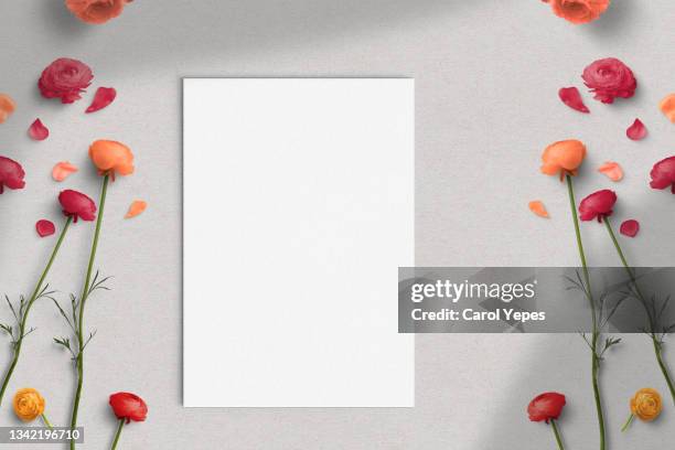 feminine wedding desktop mock-up with blank paper card and pink flowers - paper flower stock pictures, royalty-free photos & images