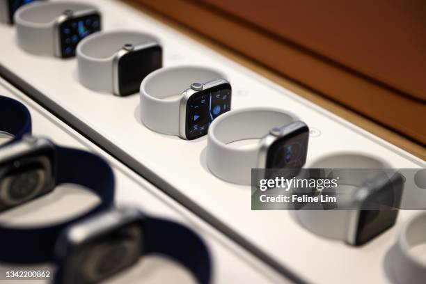 Apple Watch models are displayed at the Apple Store at Orchard Road on September 24, 2021 in Singapore. Apple announced September 14 the release of...