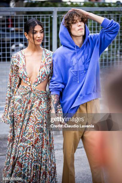 Elisa Maino and Diego Lazzari poses ahead of the Etro fashion show during the Milan Fashion Week - Spring / Summer 2022 on September 23, 2021 in...