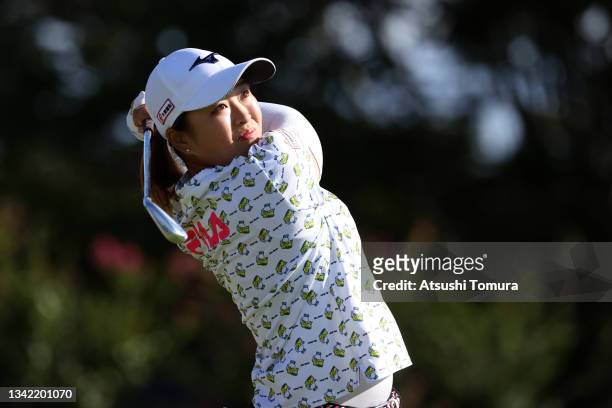 Mao Saigo of Japan hits her tee shot on the 15th hole during the first round of the Miyagi TV Cup Dunlop Ladies Open at Rifu Golf Club on September...