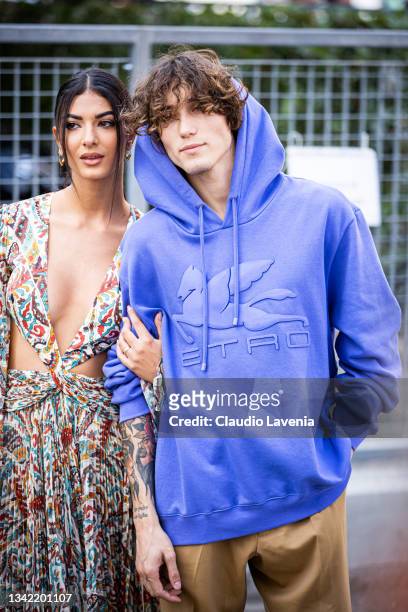 Elisa Maino and Diego Lazzari poses ahead of the Etro fashion show during the Milan Fashion Week - Spring / Summer 2022 on September 23, 2021 in...