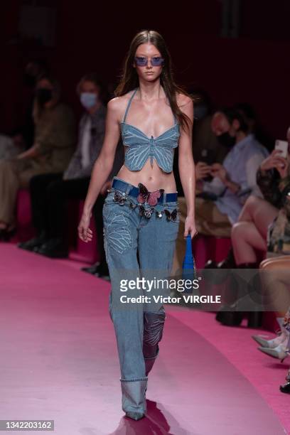 Model walks the runway during the Blumarine Ready to Wear Spring/Summer 2022 fashion show as part of the Milan Fashion Weekon September 23, 2021 in...