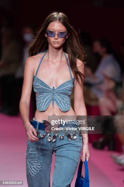 Model walks the runway during the Blumarine Ready to Wear Spring/Summer 2022 fashion show as part of the Milan Fashion Weekon September 23, 2021 in...