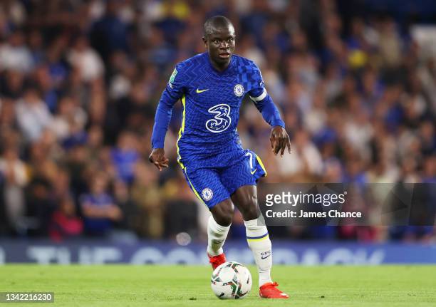 Ngolo Kante of Chelsea runs with the ball during the Carabao Cup Third Round match between Chelsea and Aston Villa at Stamford Bridge on September...