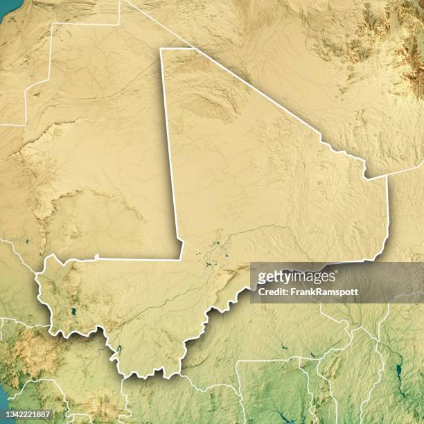mali 3d render topographic map color border - mali aerial stock pictures, royalty-free photos & images