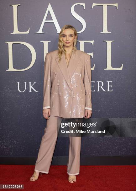 Jodie Comer attends the "The Last Duel" UK Premiere at Odeon Luxe Leicester Square on September 23, 2021 in London, England.