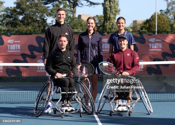 Catherine, Duchess of Cambridge poses with British US Open champions Emma Raducanu, Joe Salisbury, Alfie Hewett and Gordon Reid as they return to the...