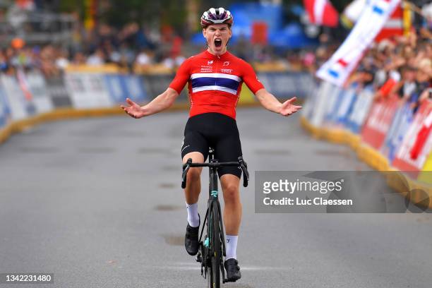 Per Strand Hagenes of Norway celebrates at finish line as race winner during the 94th UCI Road World Championships 2021 - Men Junior Road Race a...