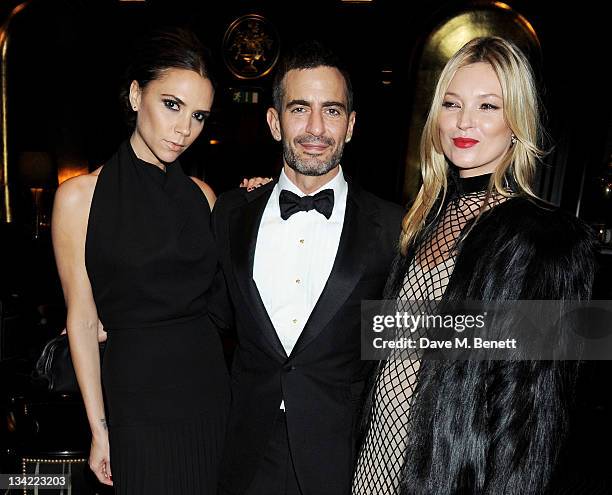 Designer Victoria Beckham, Marc Jacobs and model Kate Moss attend a drinks reception at the British Fashion Awards 2011 held at The Savoy Hotel on...