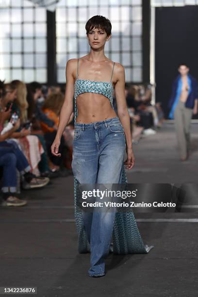 Model walks the runway at the Missoni fashion show during the Milan Fashion Week - Spring / Summer 2022 on September 24, 2021 in Milan, Italy.