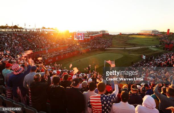 Fans gather in the first tee grandstands prior to the start of Friday Morning Foursome Matches of the 43rd Ryder Cup at Whistling Straits on...