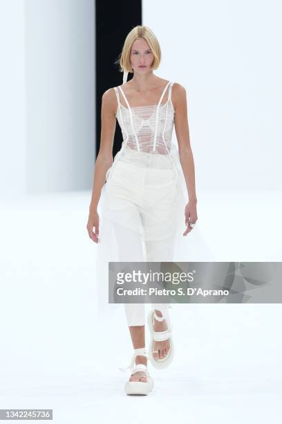 Model walks the runway at the Sportmax fashion show during the Milan Fashion Week - Spring / Summer 2022 on September 24, 2021 in Milan, Italy.