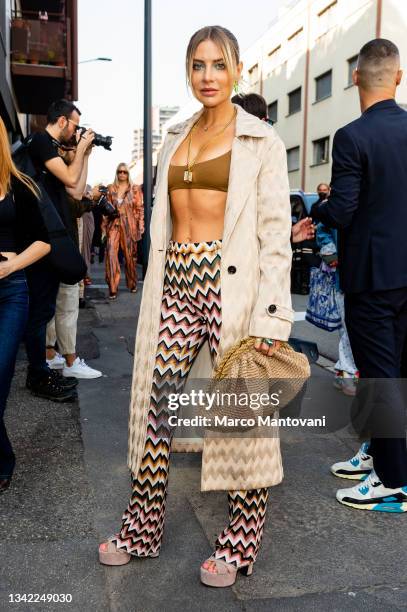 Veronica Ferraro is seen ahead of the Missoni fashion show during the Milan Fashion Week - Spring / Summer 2022 on September 24, 2021 in Milan, Italy.
