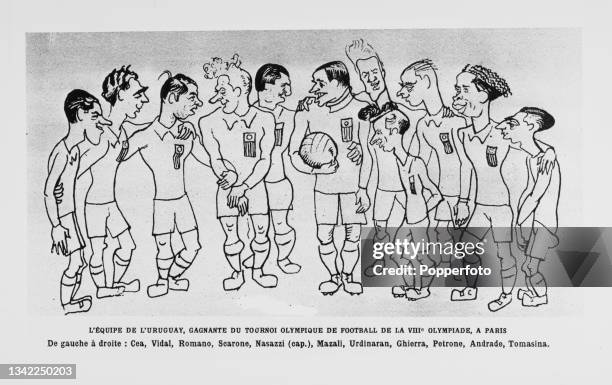 Cartoon depicting the Uruguay national team , winners of the football tournament of the 1924 Summer Olympics, held in Paris, France, July 1924.