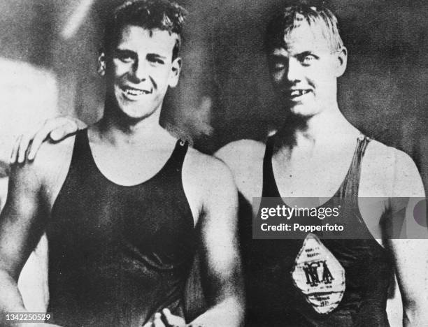 Australian swimmer Boy Charlton and Swedish swimmer Arne Borg during the Men's 1500 metre freestyle event at the 1924 Summer Olympics, at the Piscine...