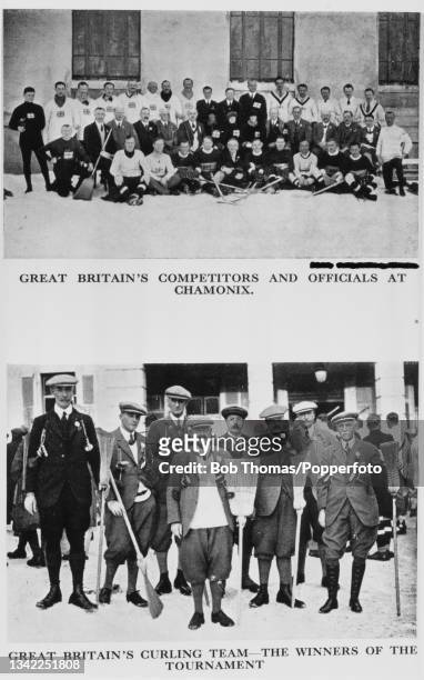 Curlers and officials of the Swedish and French curling teams and the British curling team at the 1924 Winter Olympics, held in Chamonix, France,...