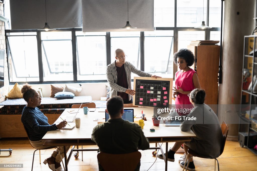 Young man and woman talking in a meeting at a coworking