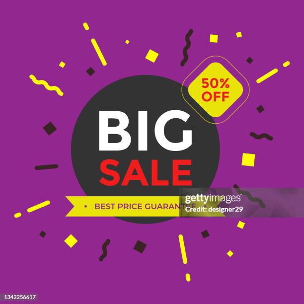 big sale banner template flat design. 50% discount offer on color background. - 大文字 幅插畫檔、美工圖案、卡通及圖標