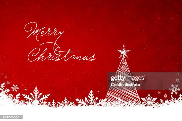 white colored triangle shaped tree filled with scribbling and one star at the top of a vibrant dark maroon red horizontal xmas festive vector backgrounds with text message merry christmas, snow and snowflakes at the bottom - vignette stock illustrations