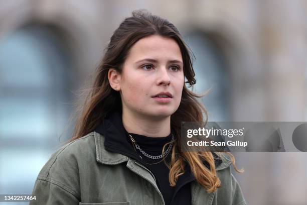 Climate activist Luisa Neubauer speaks at a large-scale climate strike march by Fridays for Future in front of the Reichstag on September 24, 2021 in...