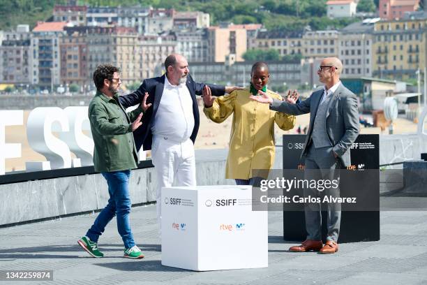 Actors Manolo Solo, Karra Elejalde, T'nia Miller and Stanley Tucci attend "La Fortuna" photocall during 69th San Sebastian International Film...