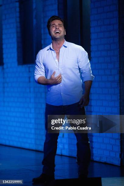 Singer David Bustamante performs on stage 'Ghost' theatre play at the EDP Gran Via theatre on September 24, 2021 in Madrid, Spain.