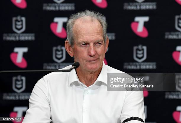 Coach Wayne Bennett of the Rabbitohs speaks during a press conference after the NRL Grand Final Qualifier match between the South Sydney Rabbitohs...