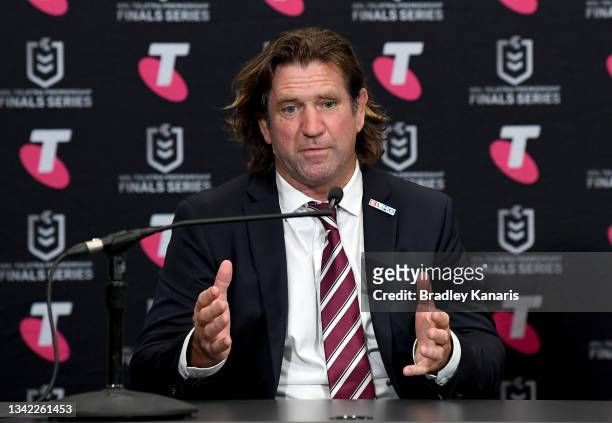 Coach Des Hasler of the Sea Eagles speaks during a press conference after the NRL Grand Final Qualifier match between the South Sydney Rabbitohs and...