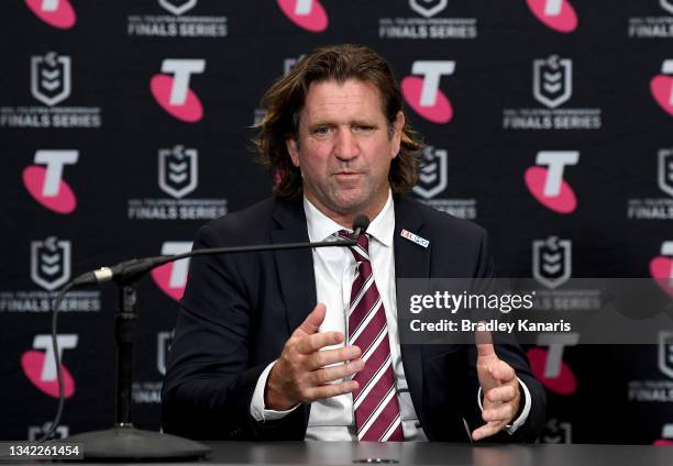 Coach Des Hasler of the Sea Eagles speaks during a press conference after the NRL Grand Final Qualifier match between the South Sydney Rabbitohs and...