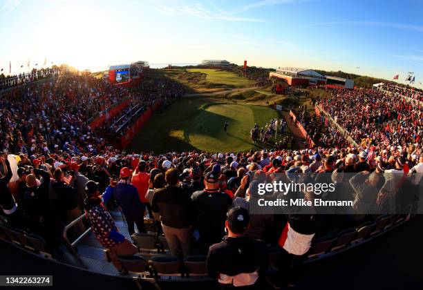 Collin Morikawa of team United States plays his shot from the first tee during Friday Morning Foursome Matches of the 43rd Ryder Cup at Whistling...