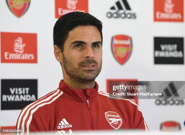 Arsenal manager Mikel Arteta attendas a press conference at London Colney on September 24, 2021 in St Albans, England.