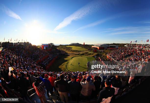 Lee Westwood of England and team Europe plays his shot from the first tee during Friday Morning Foursome Matches of the 43rd Ryder Cup at Whistling...